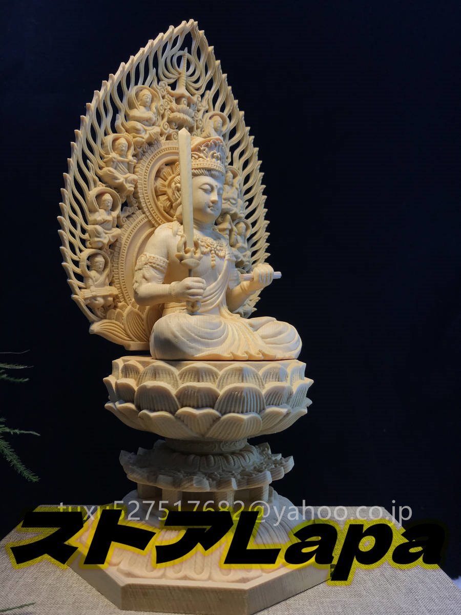新作 仏教工芸品　仏教美術　木彫仏教　精密彫刻 仏師で仕上げ品 珍品 文殊菩薩 総檜木材 高さ29cm_画像5