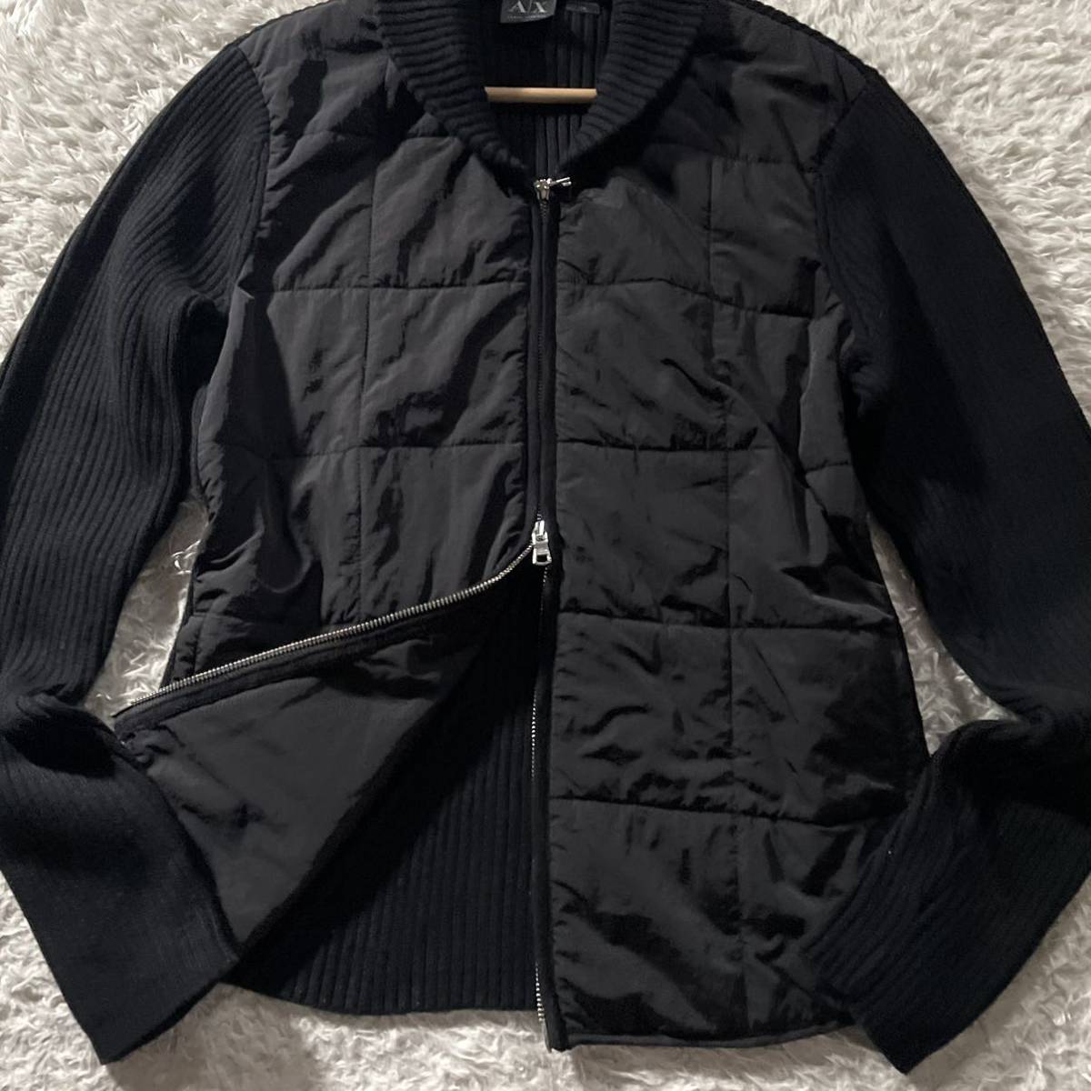 極美品/Lサイズ●アルマーニ エクスチェンジ ナイロン切替 ダブルジップ ニット ジャケット ARMANI EXCHANGE 中綿キルティング ロゴタグ 黒_画像4