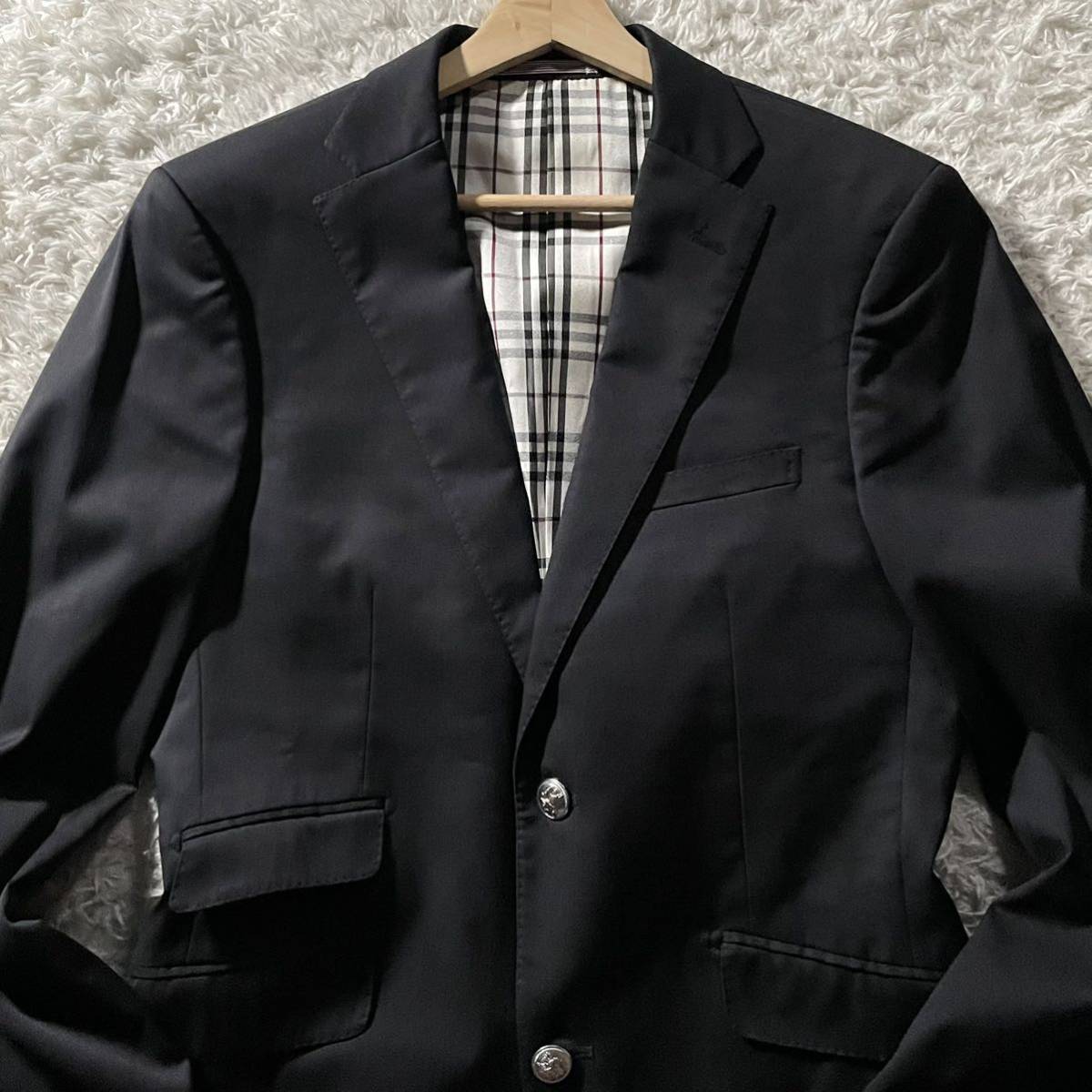 極美品/Lサイズ●バーバリーブラックレーベル テーラードジャケット ブレザー BURBERRY BLACK LABEL 紺ブレ ノバチェック ホース 銀ボタン_画像3