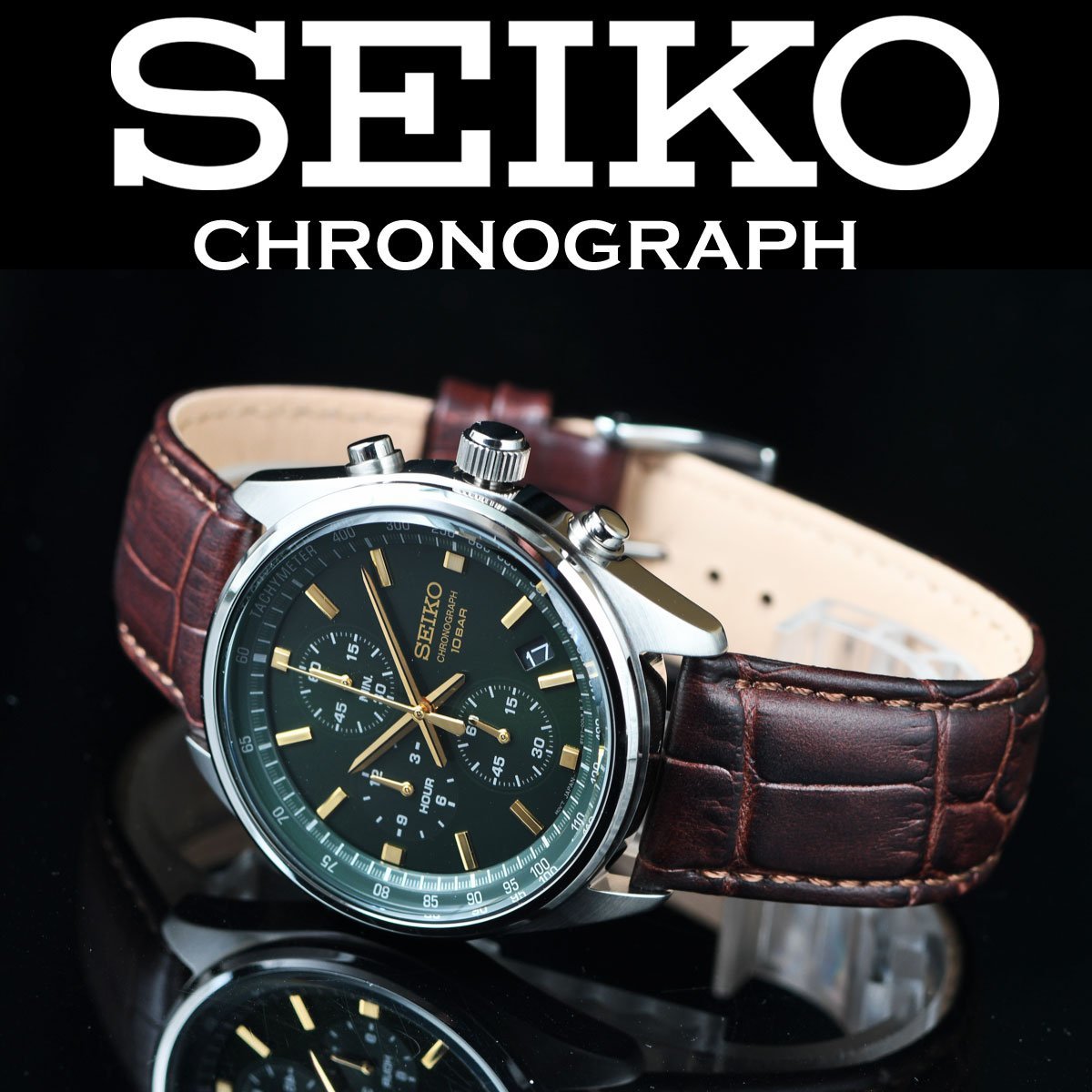 新品 逆輸入セイコー 100m防水 美しいダークグリーン クロノグラフ 腕時計 SEIKO 未使用 メンズ 激レア日本未発売 メーカー完売_画像3