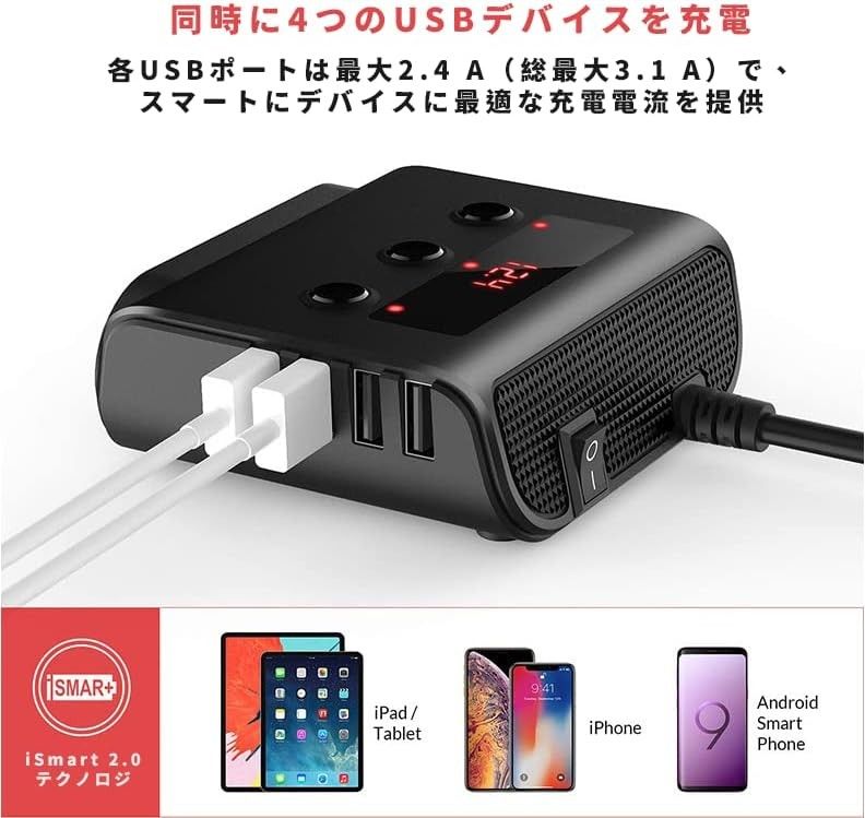 シガーソケット3連 4ポート付き USB充電器 120W 最大電流3.6A QC3.0 急速充電搭載 取り替えヒューズ付き