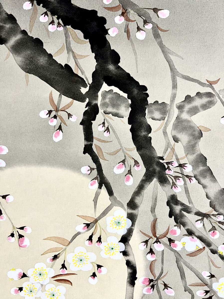 [真作] [絵画] 卓泉「夜桜」絹本 肉筆 共箱 春景 花鳥図 風月 さくら 朧月 日本画 掛軸_画像7