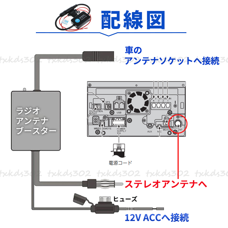 カーラジオ アンテナブースター ラジオ 受信 ブースター AM FM VICS 信号増幅 受信感度 車用 汎用 12V オーディオ カーナビ ステレオ 強力_画像3