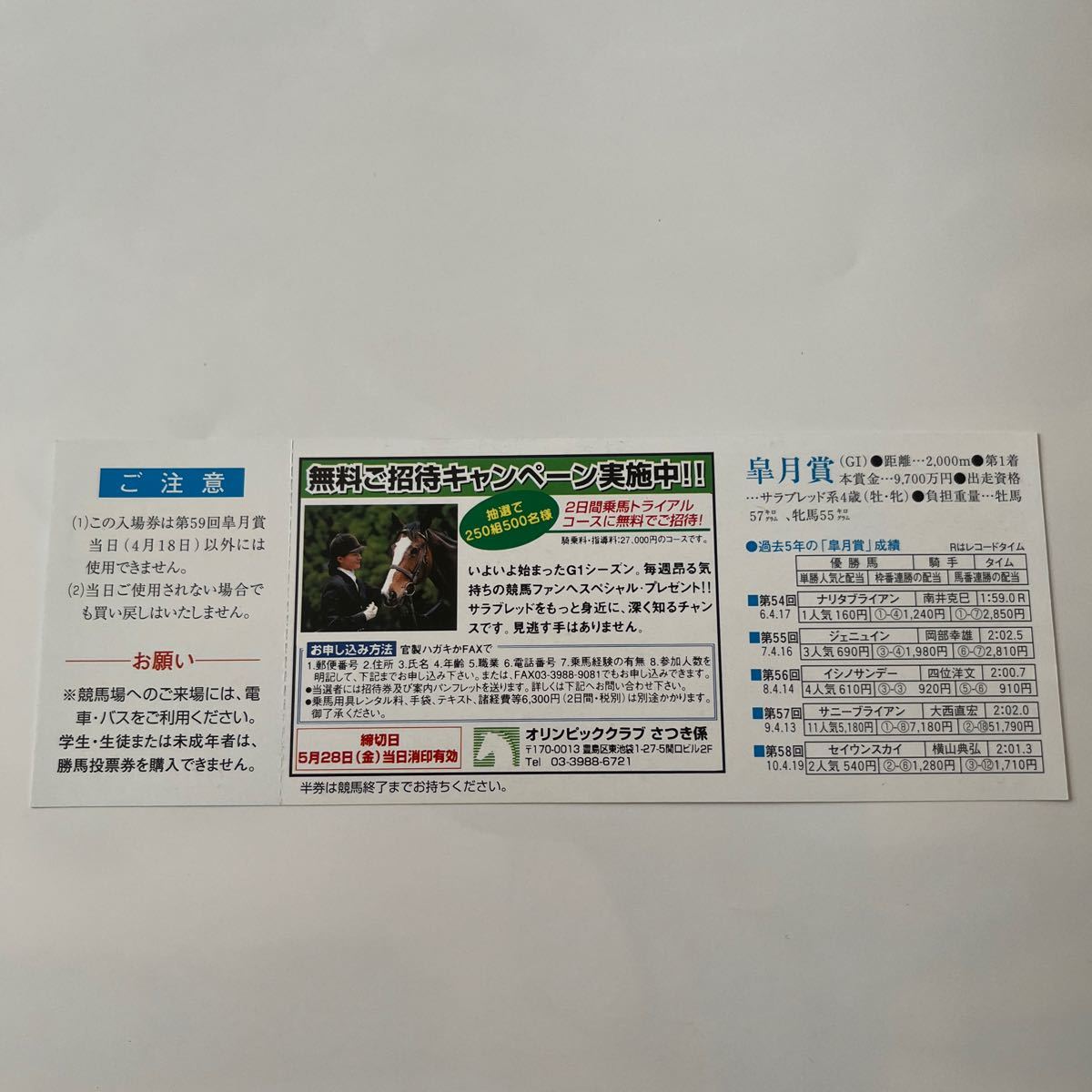 1999年第59回皐月賞競馬場入場券　コレクション未使用品　セイウンスカイ　キングヘイロー　スペシャルウィーク_画像2