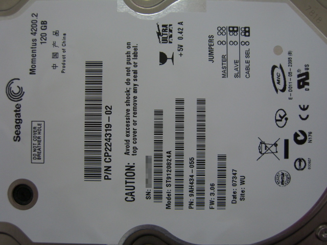 SEAGATE (ST9120824A) 120GB 4200rpm 8M * use 5453 hour *