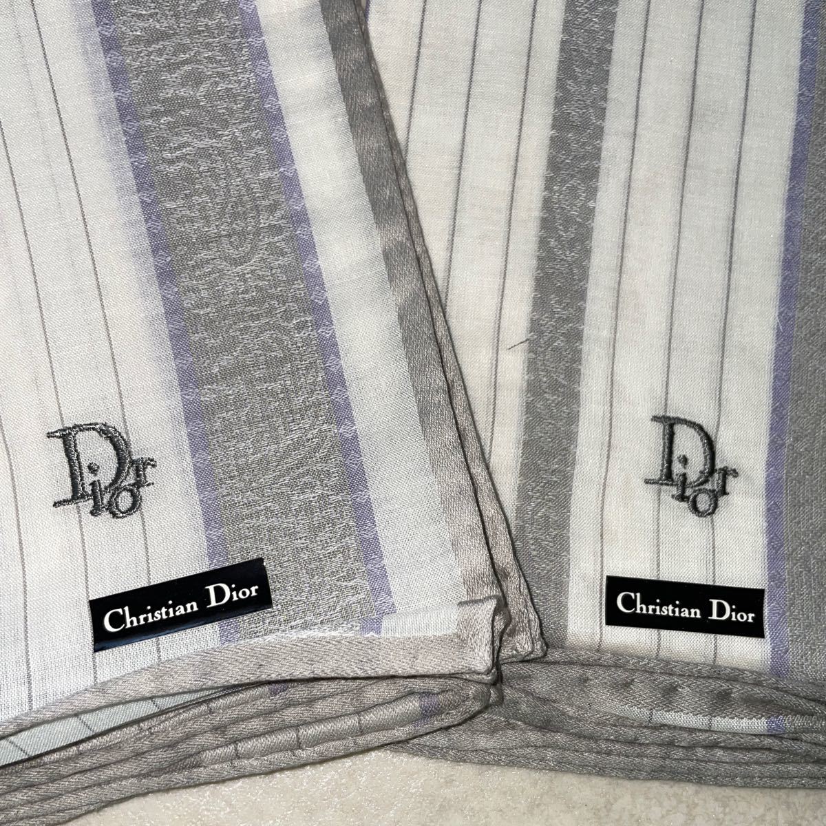  prompt decision! unused # Christian Dior gentleman men's handkerchie 2 pieces set # cotton 100% stripe embroidery entering 