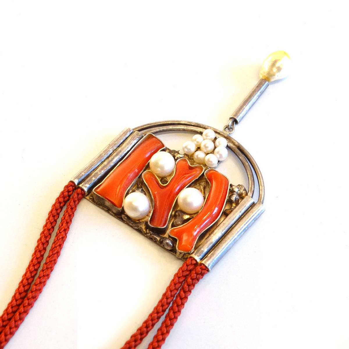 ★Vintage coral × pearl × silver modern design necklace_画像4