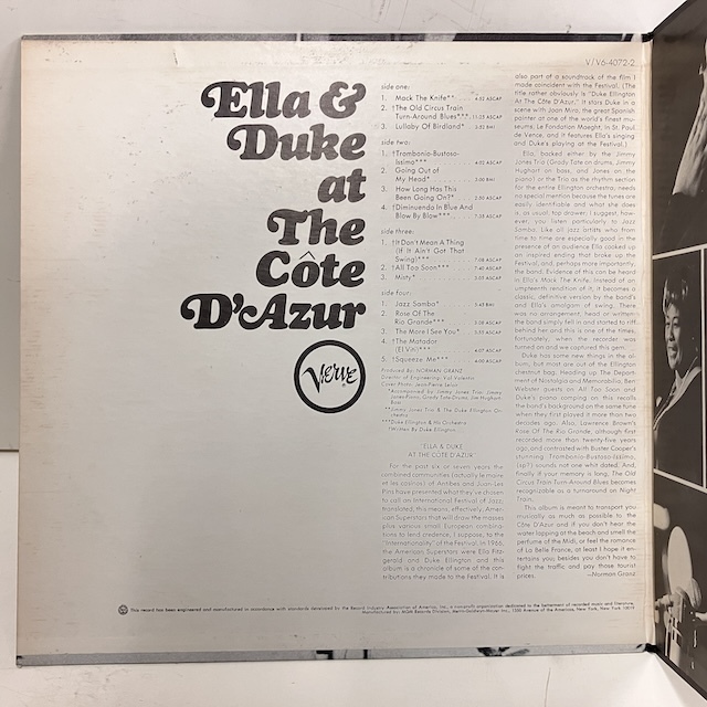 ●即決VOCAL LP Ella Fitzgerald Duke Ellington / at the Cote D'azur v-4072-2 jv6023 米盤、ミゾナシMgm黒銀T Mono _画像4