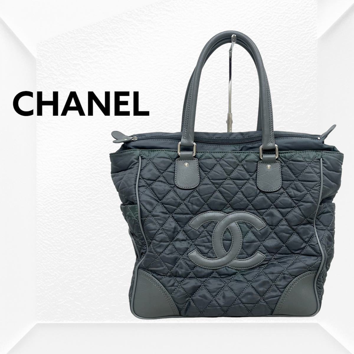 高級 CHANEL シャネル １０番台 パリニューヨークライン ビッグココ マトラッセ ナイロン レザー トートバッグ_画像1