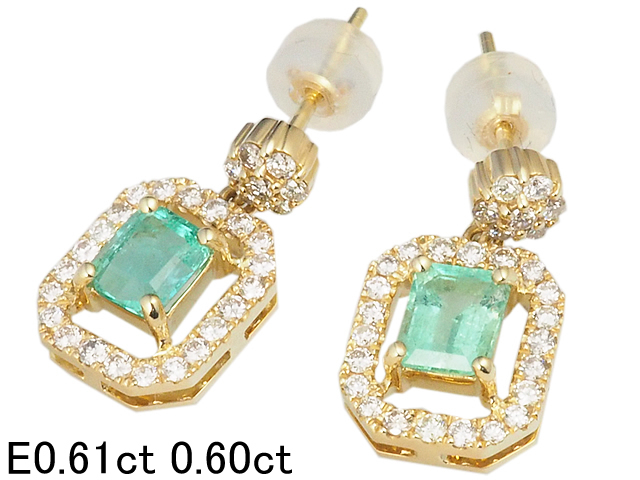 新しいスタイル 音羽屋■ エメラルド/0.61ct 0.60ct ダイヤ/0.60ct K18YG ピアス 鑑別カード付き 仕上済【中古】 エメラルド