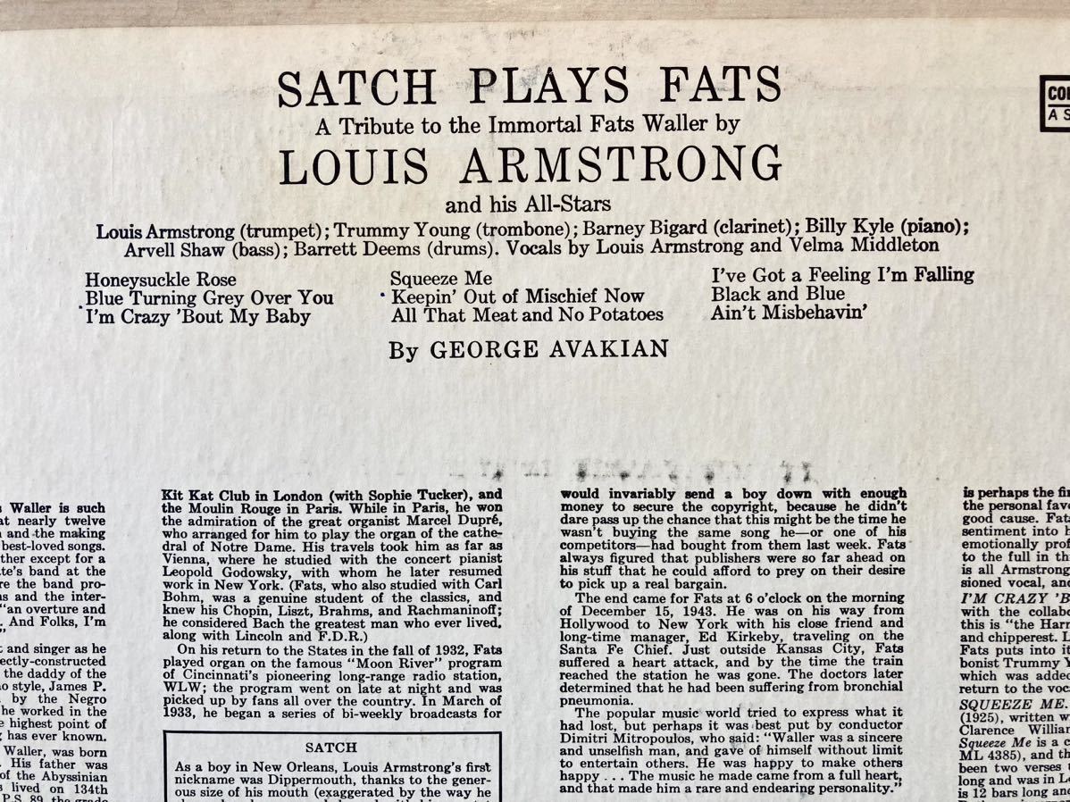 【SATCH PLAYS FATS - Tribute the Immortal Fats Waller by LOUIS ARMSTRONG and his All-Stars】LP-50’s JAZZ VOCAL DIXIELAND SWING_画像4