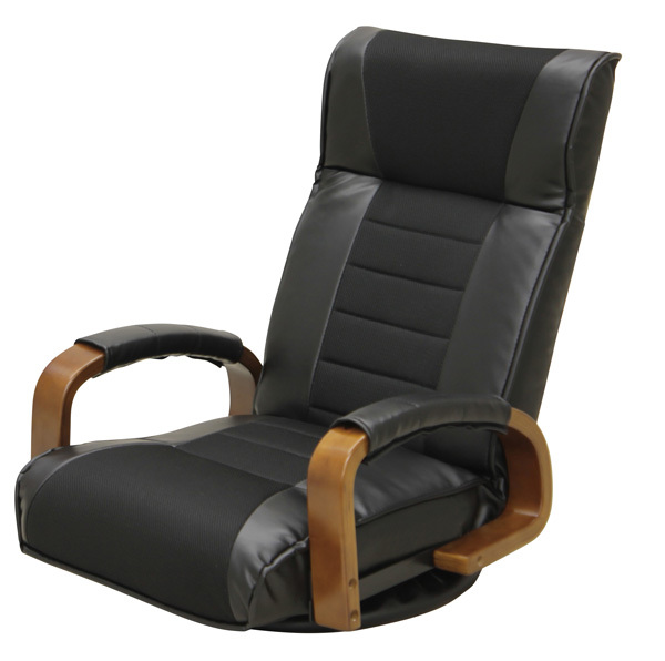 木製肘掛付回転座椅子 ハイバック座いす レバーギヤ式14段階リクライニング 合成皮革+メッシュ張りザイス ブラック色（黒色）