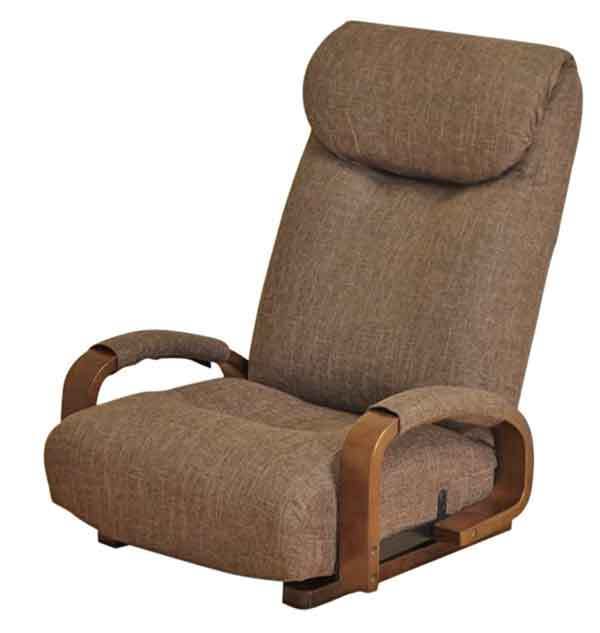木製肘掛付回転座椅子 ハイバック座いす レバー式14段階リクライニング ファブリック張りザイス ブラウン（茶色）