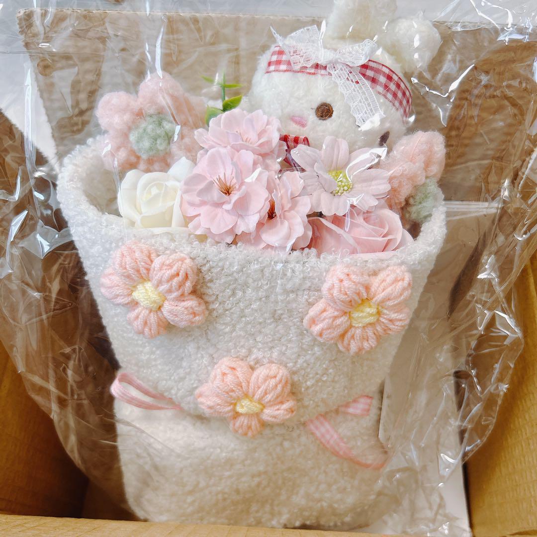 ブーケ ピンク かぎ針編み うさぎ 造花 かわいい ウェディング 花束 毛糸_画像5