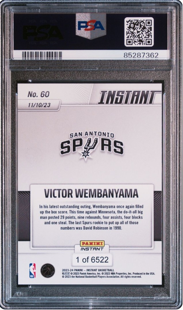 1円出品 PSA9 Panini Instant 60 Victor Wembanyam RC パニーニ インスタント ビクター・ウェンバンヤマ ルーキーカード Wemby 11月10日_画像2