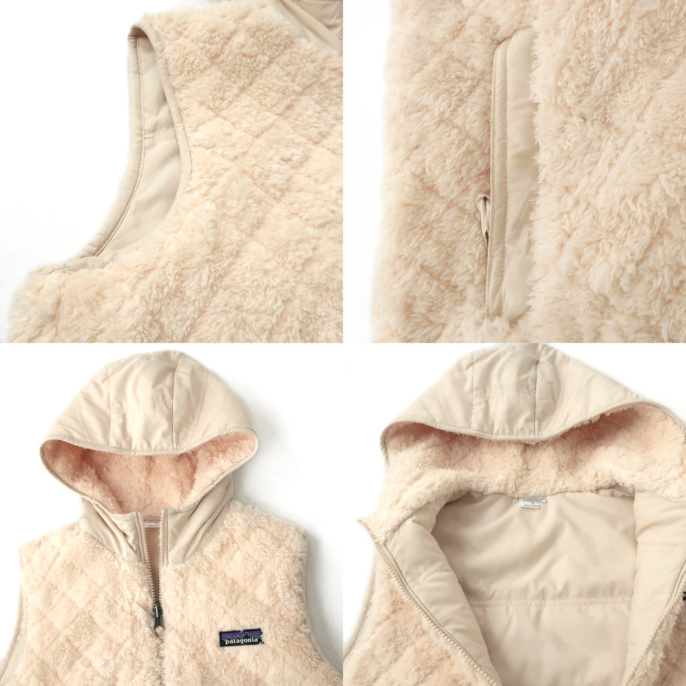 美品◎patagonia リバーシブル フード付フリースベスト ソフトシェル×キルトボア ナチュラルベージュ Mの画像3