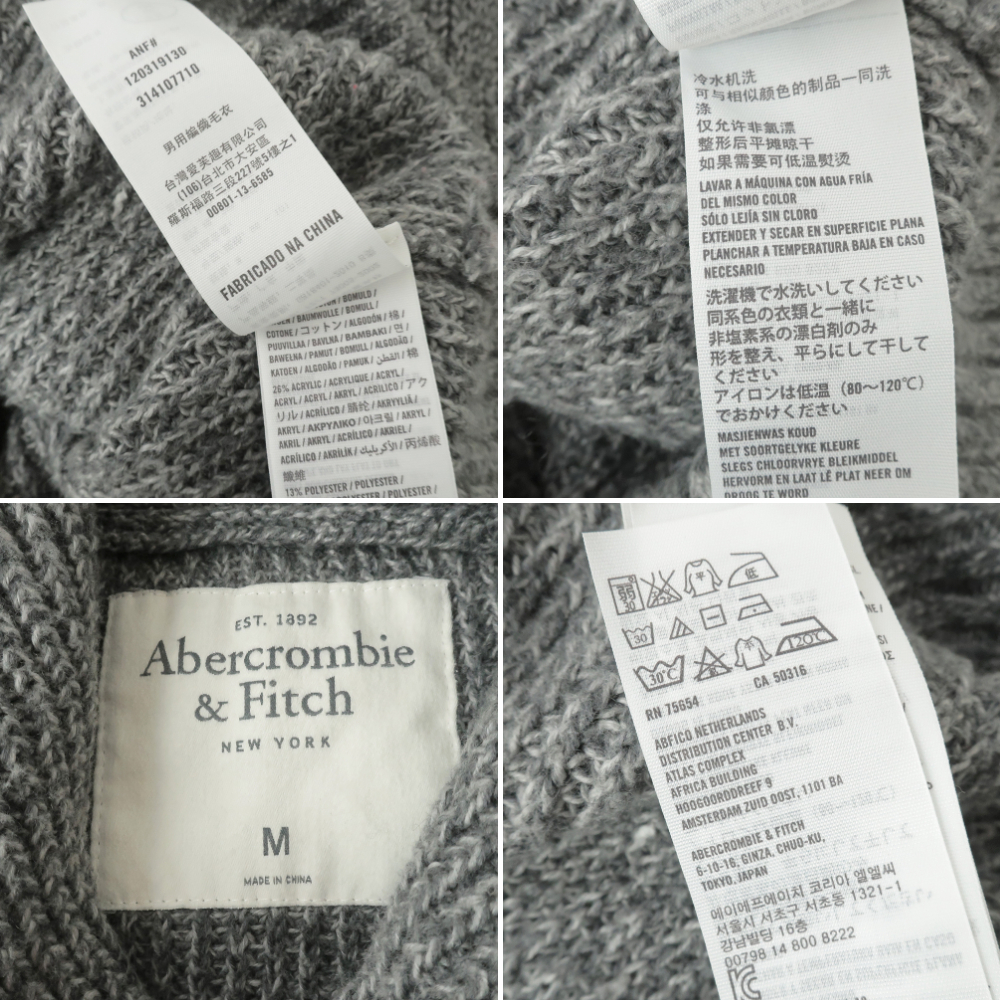 美品◎Abercrombie＆Fitch ローゲージ編み ショールカラーニット セーター グレー (M)_画像3