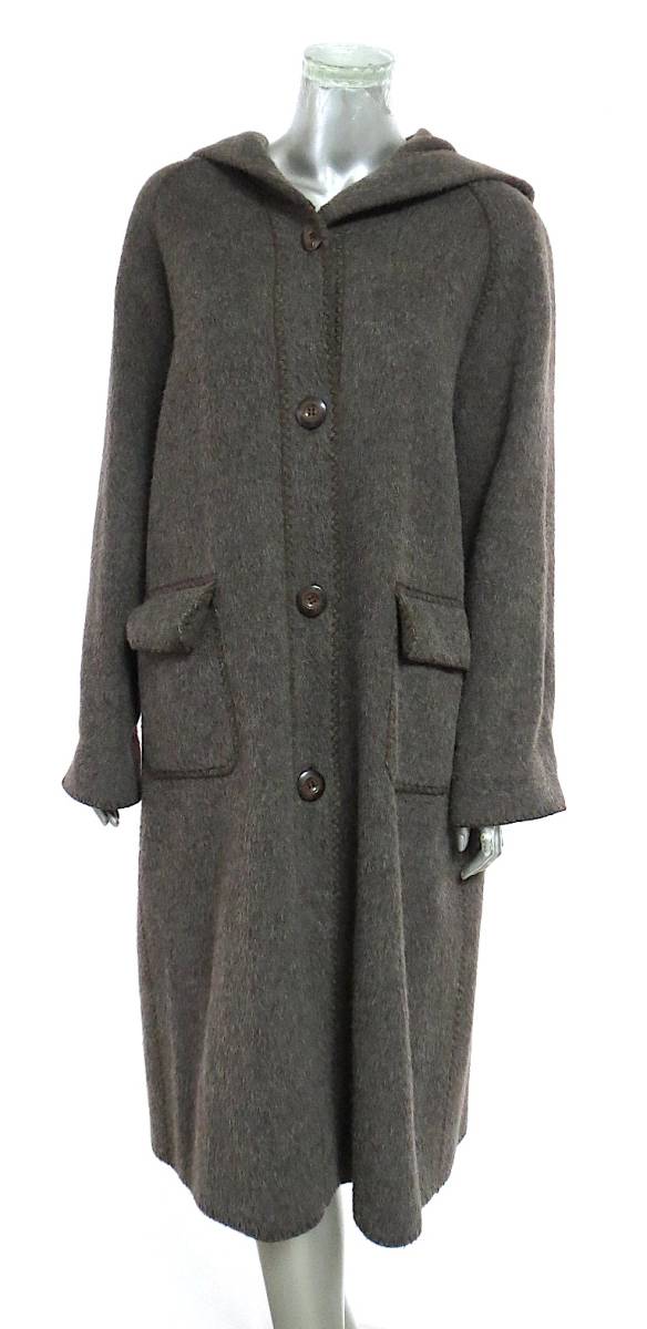 二点落札で送料無料! C630 CHKAGE ウール 茶 グレー フード コート レディース M 上着 アウター ブラウン B_画像1