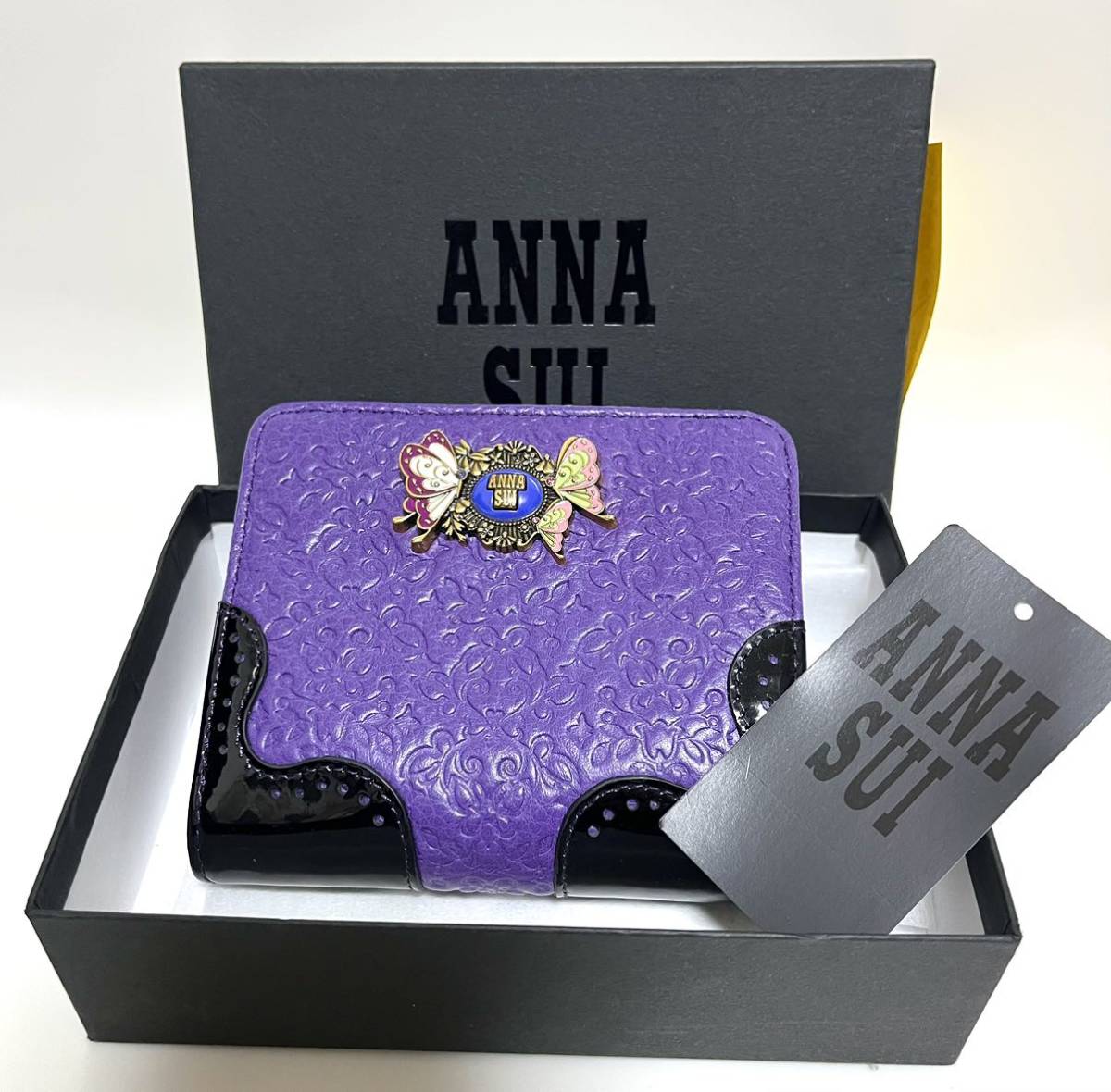 【数回使用】ANNA SUI 財布 鬼滅 蝶 パープル 花 紫 二つ折り アナスイ