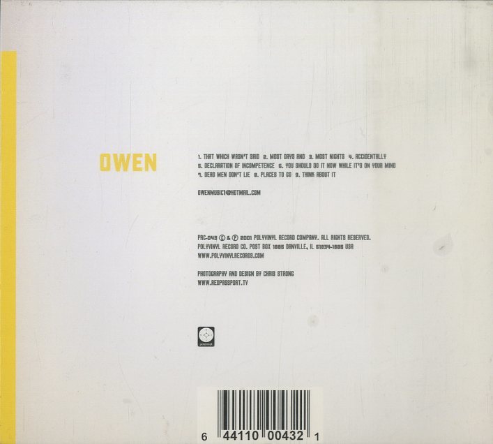 D00108762/CD/オーウェン「Owen (2001年・PRC-043・インディーロック・アコースティック)」_画像2