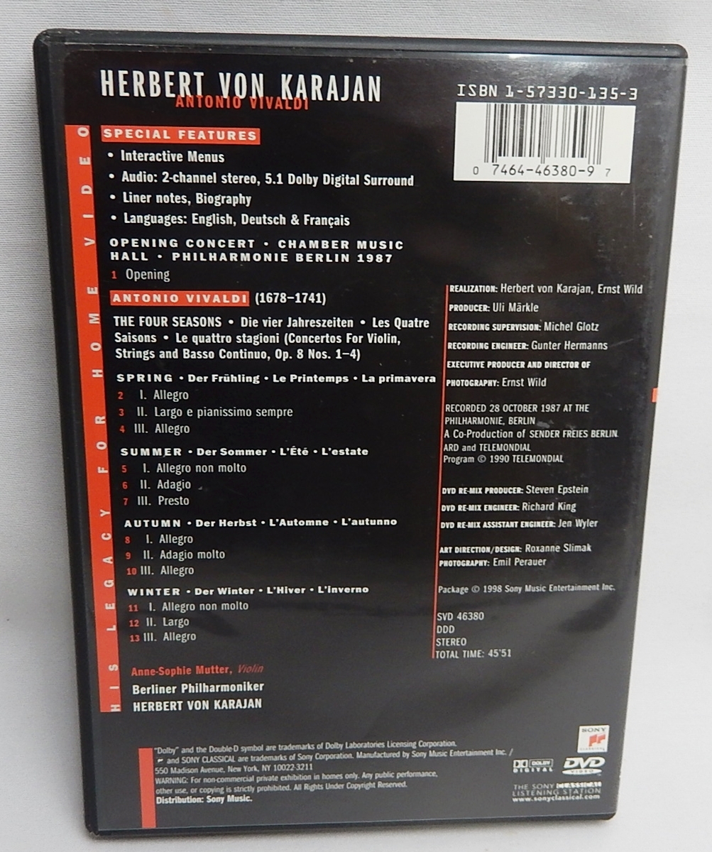 中古DVD「カラヤン指揮ベルリンフィル演奏 ヴィヴァルディの四季 バイオリン:アンネ＝ゾフィ・ムター」米国盤ですが日本のプレーヤーで再生_画像2