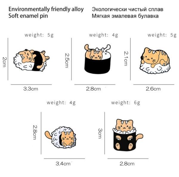 【送料無料】猫がお寿司になったピンバッジ5種　可愛い　バッグや衿元をおしゃれに演出します　ピンバッチ　ピンブローチ★5個セット