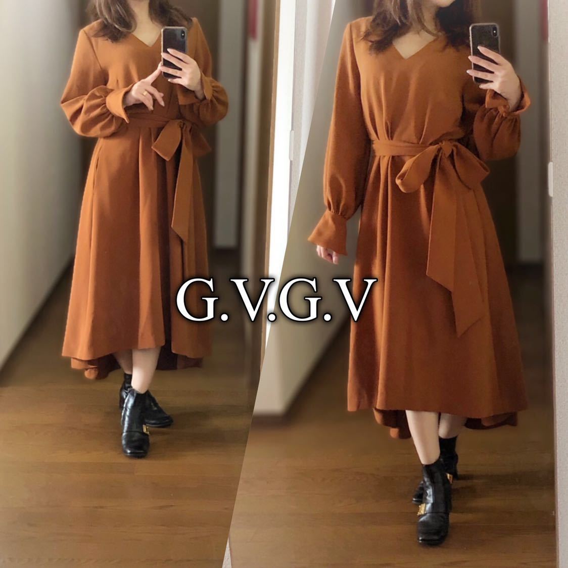 G.V.G.V.◆CADY BELTED DRESS◆Vネック アシメヘム ジーヴィジーヴィ ロング ワンピース リボン ブラウン 新品同様 モード 美品