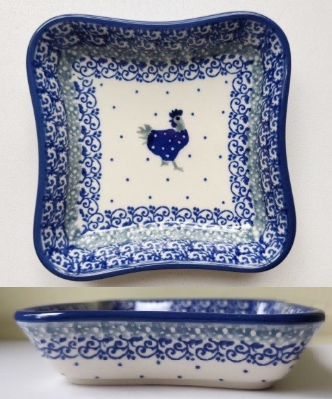 【在庫2個】x705 ポーランド陶器 四角小鉢/小皿 浅め 藍色ニワトリ ドット ポーリッシュポタリー 食器の画像1