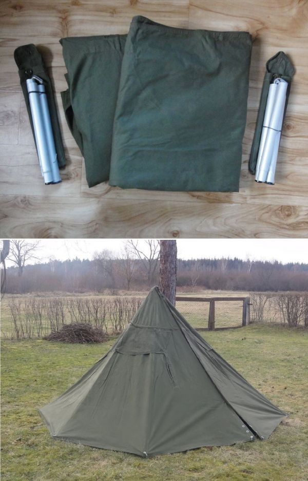j394 未使用 ポーランド軍テント一式 170-180 83年製 PO3 サイズ2 ポンチョ パップテント_上)テント付属品 下)設営イメージ(サイズ3)