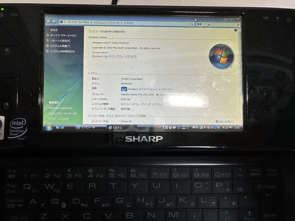 SHARP ウルトラモバイルPC WS016SH Atom 1.33GHz/1GB/30GB/Windows Vista Home WILLCOM D4 PHS シャープ_画像8