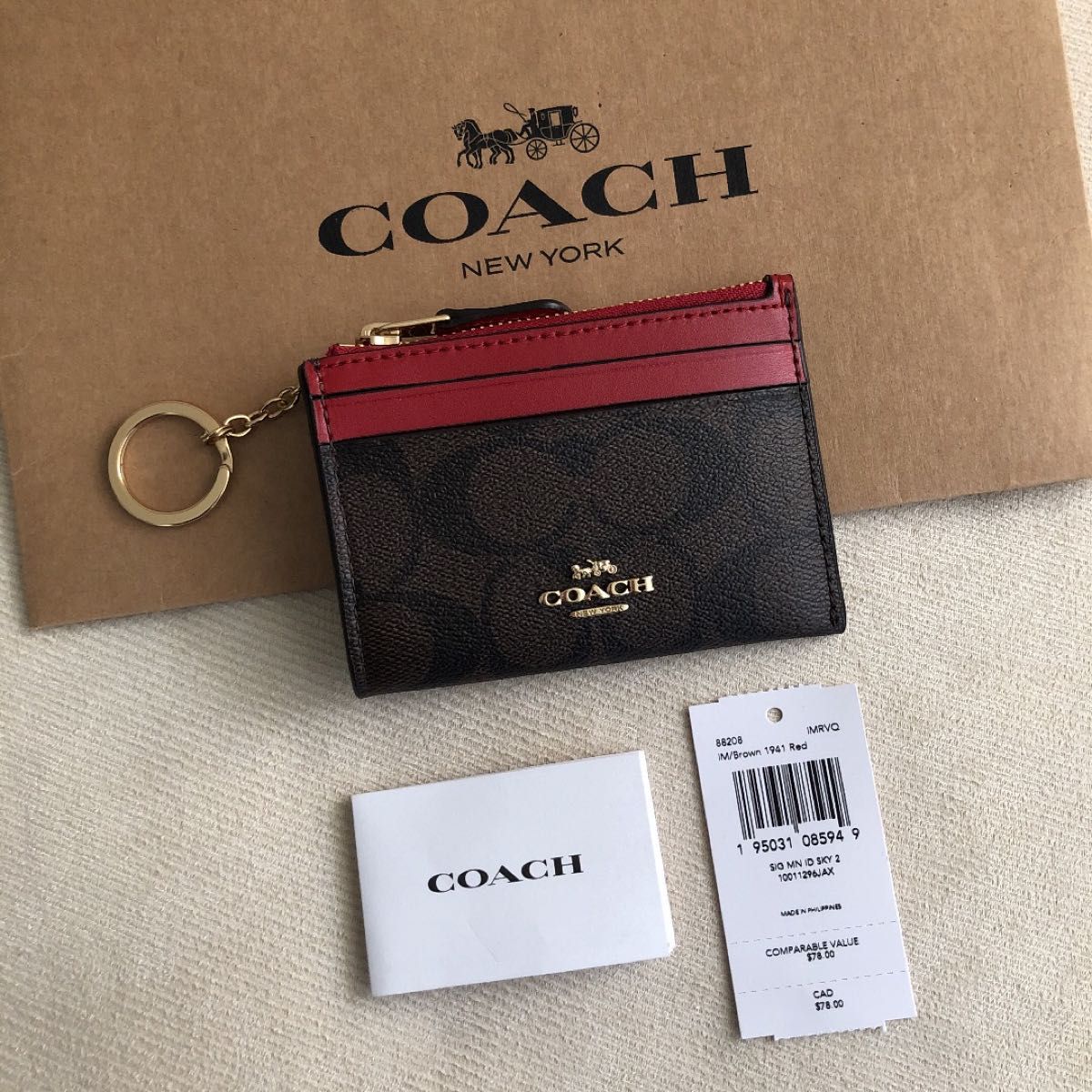 新品★COACH コーチ 定価17,600円 レザー コイン パス IDケース キーリング付き