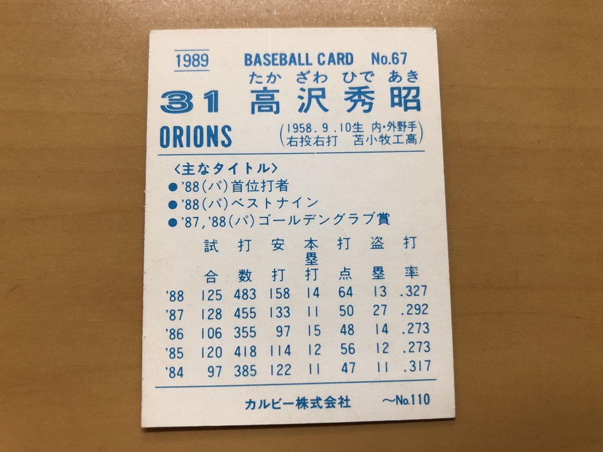カルビープロ野球カード 1989年 高沢秀昭(ロッテオリオンズ) No.67_画像2