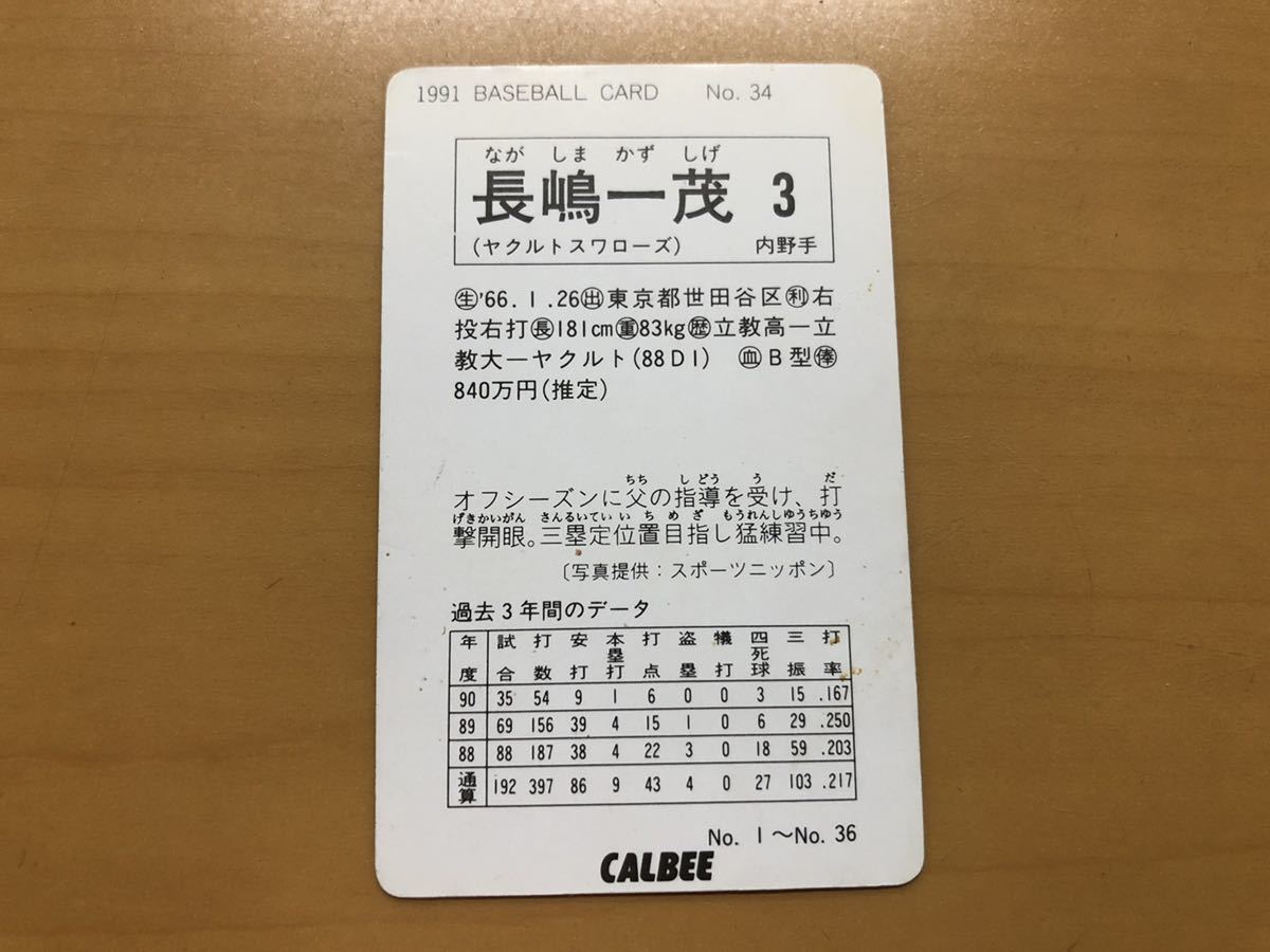 カルビープロ野球カード 1991年 長嶋一茂(ヤクルトスワローズ) No.34の画像2