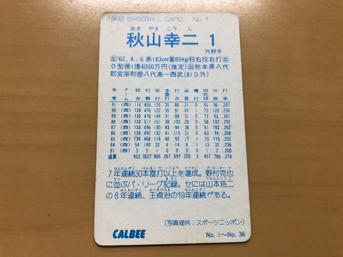 カルビープロ野球カード 1992年 秋山幸二(西武ライオンズ) No.1(1992年