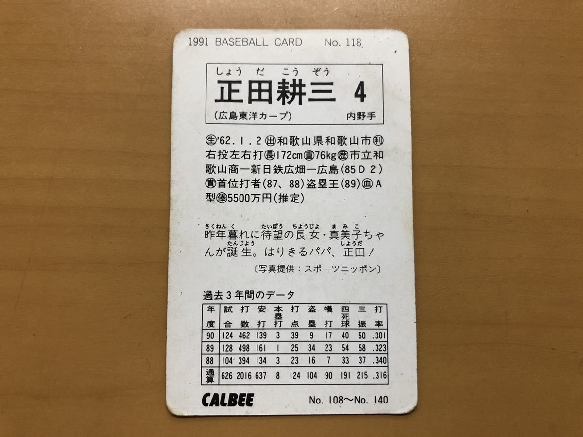 カルビープロ野球カード 1991年 正田耕三(広島カープ) No.118_画像2