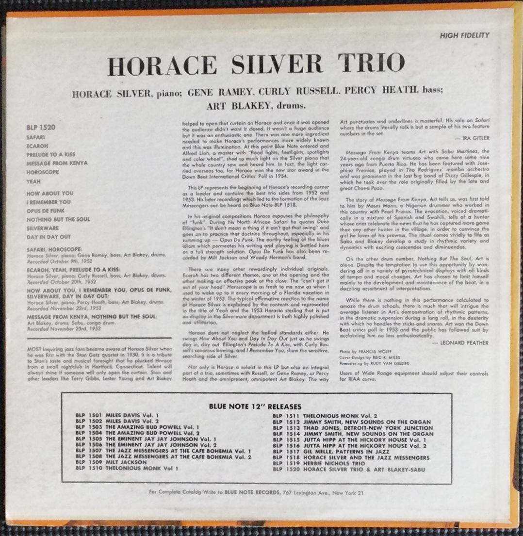 【レコード】・米盤・オリジナル・美盤・ブルーノート・Lexingtonプレス / ホレス・シルバー・トリオ BLUE NOTE 1520の画像2