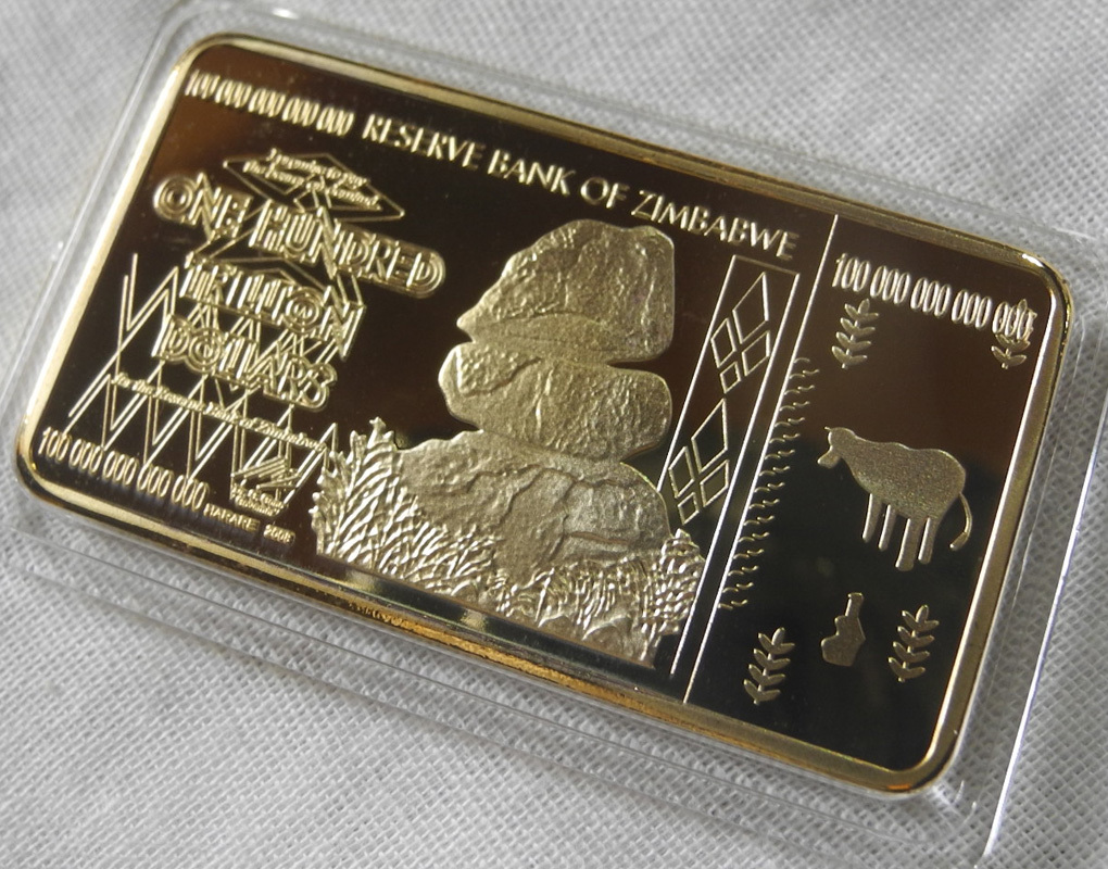 ジンバブエ 100兆円 インゴット ゴールドバー ゴールドプレート 24K 24金 純金 USA バッファロー レプリカ インフレ アフリカの画像1
