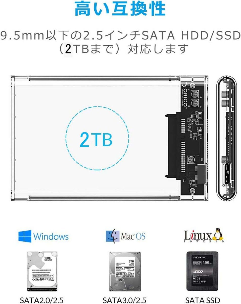 2.5インチ HDDケース USB3.0高速データ転送 UASP対応 透明設計