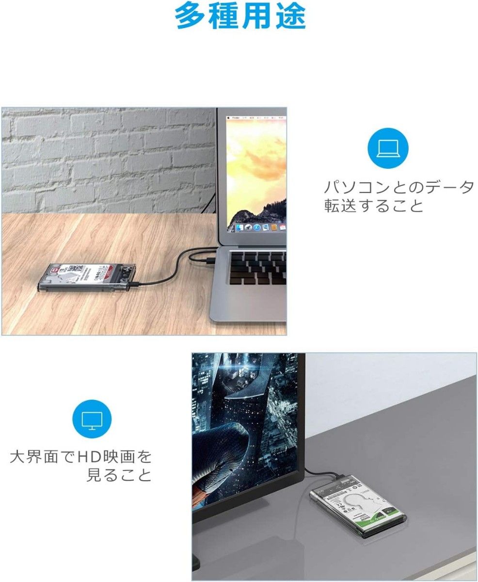 2.5インチ HDDケース USB3.0高速データ転送 UASP対応 透明設計