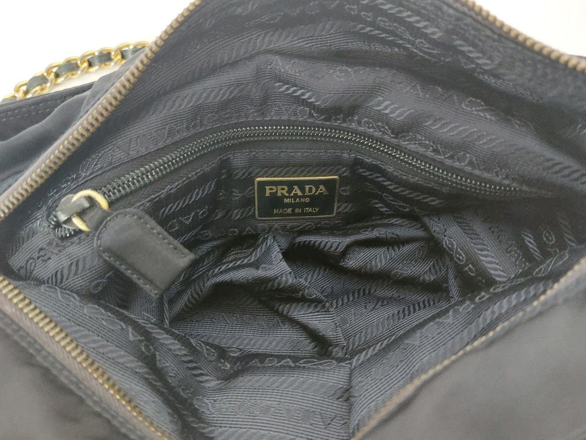 10537　PRADA プラダ チェーン ショルダーバッグ ブラック キルティング ナイロン 黒 肩掛け USED品_画像10