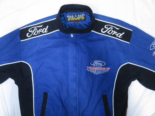 90s NASCAR ナスカー ESSEX Ford RACING フォード レーシング コットン ジャケット L XL ブルー ブルゾンの画像3