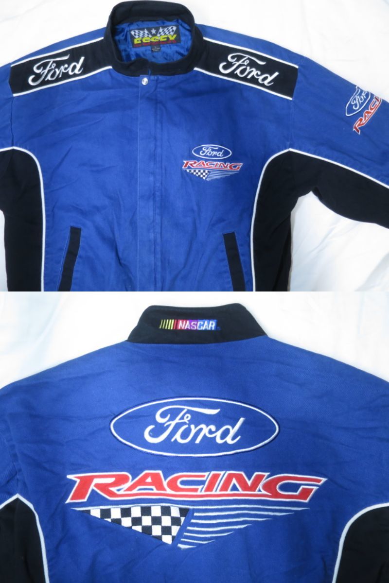 90s NASCAR ナスカー ESSEX Ford RACING フォード レーシング コットン ジャケット L XL ブルー ブルゾンの画像1