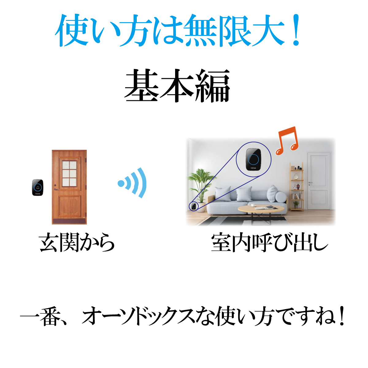 ワイヤレスチャイム 受信機2個 チャイム ワイヤレス インターホン 玄関 ドアベル 防水 ピンポン 呼び鈴 ベル センサー 工事不要 電池式 黒_画像3