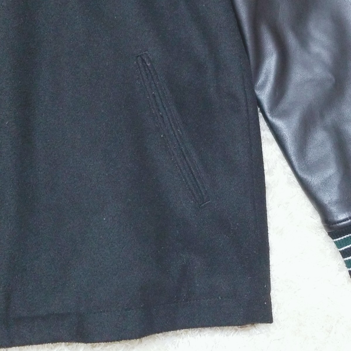 ★RAGEBLUE レイジブルー ウール使用 エコレザー切替え フード付きブルゾン ジャケット アウター ブラック系 メンズ M Y859_画像3