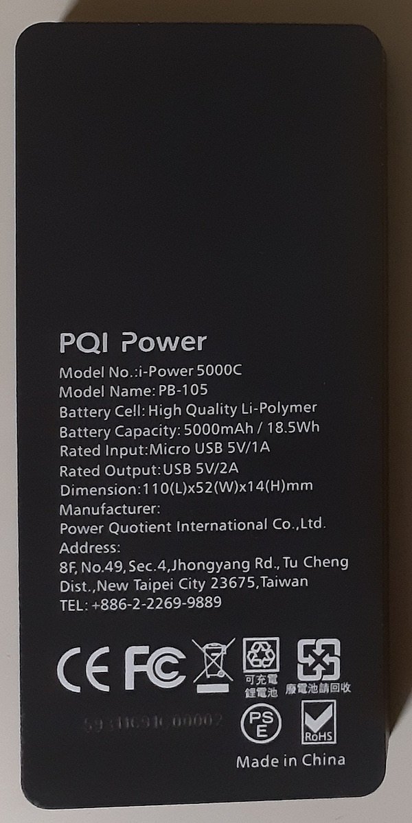 4050 6個 未使用 モバイルバッテリー 5,000mAh 5V 2A PQI Power 5000C Power Bank 6PPA-06BR0001A_参考写真