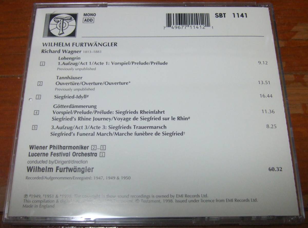 CD フルトヴェングラー ワーグナー：管弦楽曲集 歌劇「ローエングリン」第1幕前奏曲（未発表録音）ほか 英Testament SBT1141_画像2