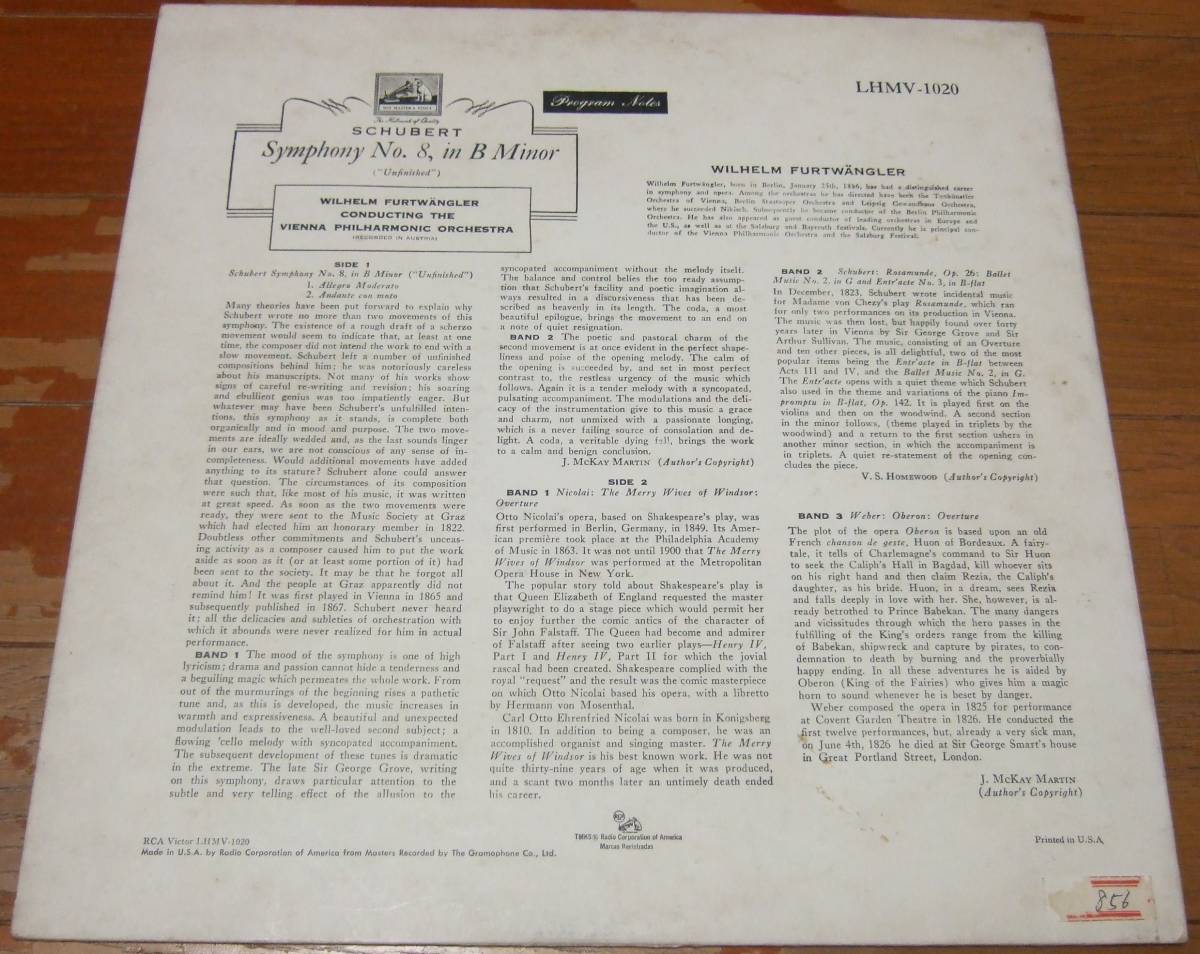 LP フルトヴェングラー シューベルト:交響曲第８番「未完成」ほか 米HMV盤 LHMV-1020 重量盤 フラット盤の画像2