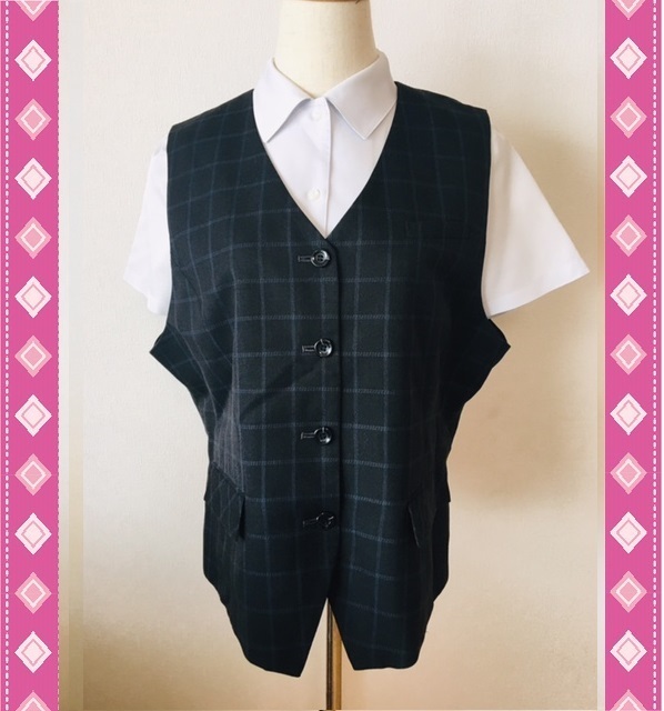 ※Cランク※【中古】en joie_17号_ベスト（青チェック：83）11040/アンジョア/かわいいOL制服/おしゃれ会社事務服/オールシーズン_画像1