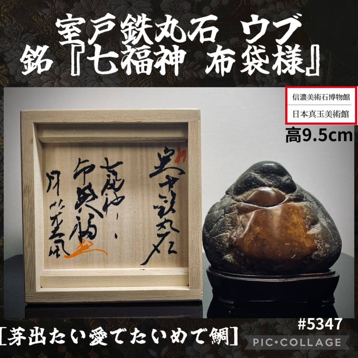 最高質！【信濃美術石博物館】 水石 盆栽 縁起石 室戸鉄丸石 ウブ 『七福神 布袋様』桐箱付 横9.5×高9.5(cm) 620g骨董盆石鑑賞石観賞5347_画像1