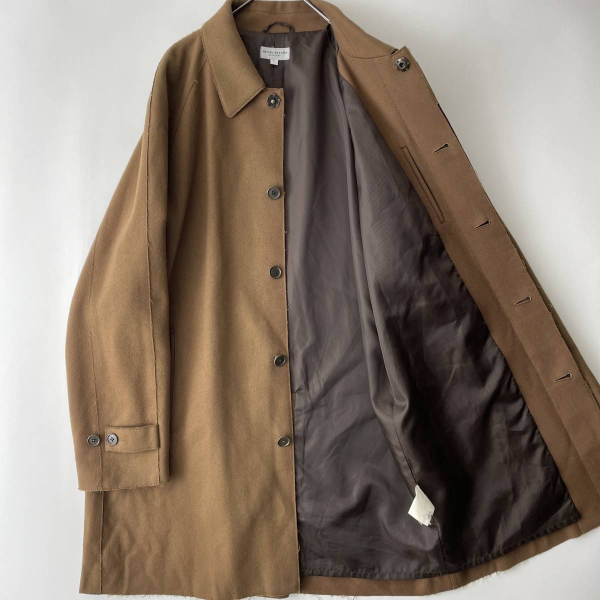 UNITED ARROWS size/L (b) ユナイテッドアローズ ステンカラーコート バルカラー ラグランスリーブ カットオフ ウール ベージュ coat_画像9